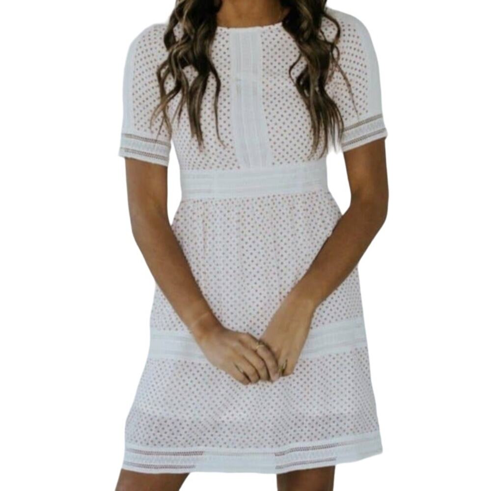 Roolee Dress Polka Dot Lace Trim Cottage Style Short Sleeve Back Zip White Small